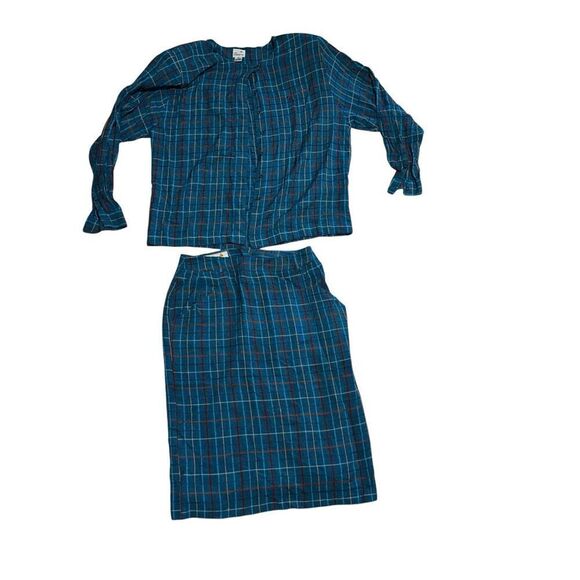 BEAUTIFUL UNIQUE RARE VINTAGE 2 piece 1990s Liz Claiborne Teal Plaid Tartan Long - Picture 1 of 8